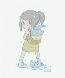Rule 34 | 1girl, :q, ayu (mog), backpack, bag, blue socks, blush, brown eyes, brown hair, dress, fish, from behind, full body, green dress, grey footwear, hair tie, looking at viewer, looking back, original, pigeon-toed, ponytail, shoes, short dress, signature, simple background, sleeveless, sleeveless dress, socks, solo, striped clothes, striped dress, tongue, tongue out, water, wet, wet hair, white background