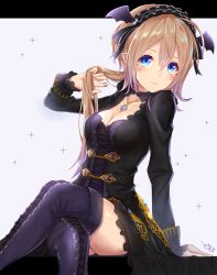 Rule 34 | 1girl, arm support, blonde hair, blue eyes, breasts, cleavage, cross-laced clothes, cross-laced legwear, crossed legs, dress, facial mark, fang, gem, hair between eyes, hair flip, hairband, highres, jewelry, light smile, lolita hairband, long hair, long sleeves, looking at viewer, medium breasts, necklace, original, phantasy star, phantasy star online 2, pointy ears, ponytail, signature, sitting, solo, thighhighs, toki (toki ship8)