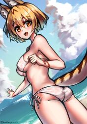Rule 34 | 1girl, animal ears, ass, bikini, black hair, blonde hair, blush, breasts, extra ears, highres, horizon, kemono friends, lake, large breasts, looking at viewer, open mouth, riro (breakthrough rr), serval (kemono friends), short hair, side-tie bikini bottom, smile, solo, swimsuit, tail, white bikini