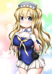 Rule 34 | 1girl, bag, blonde hair, blue shirt, breasts, brown eyes, cleavage, double bun, fletcher (kancolle), gloves, gradient background, hair between eyes, hair bun, hairband, hand on own chest, kantai collection, large breasts, long hair, looking at viewer, miniskirt, multicolored background, neckerchief, off shoulder, ouno (nounai disintegration), pleated skirt, sailor collar, school uniform, serafuku, shirt, skirt, smile, solo, star (symbol), starry background, white gloves, white sailor collar, white skirt, yellow neckerchief