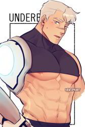 Rule 34 | 1boy, abs, absurdres, amputee, bara, black shirt, blush, covered erect nipples, cropped shirt, hanta96, highres, large pectorals, looking at viewer, male focus, meme, multiple drawing challenge, muscular, muscular male, navel, nipple slip, nipples, pectorals, scar, scar on face, scar on nose, shirt, shirt cut meme, shirt cut meme, short hair, sideburns, solo, stomach, sweatdrop, takashi shirogane, upper body, voltron: legendary defender, voltron (series), white hair