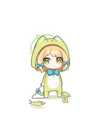Rule 34 | 1girl, animal, animal costume, banana (banana draw), blonde hair, blue archive, blue bow, blush, bow, cat, cat costume, chibi, full body, green eyes, green halo, hair bow, halo, highres, long sleeves, looking at viewer, midori (blue archive), short hair, simple background, solo, standing, white background
