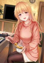 Rule 34 | 1girl, :d, ahoge, blurry, blurry background, bowl, breasts, brown pantyhose, brown sweater, chair, chopsticks, clock, commentary request, depth of field, feeding, feet out of frame, food, hair between eyes, highres, holding, holding bowl, holding chopsticks, incoming food, pantyhose under shorts, light brown hair, long hair, long sleeves, looking at viewer, medium breasts, monaka curl, on chair, open mouth, original, pantyhose, red eyes, short shorts, shorts, sitting, sleeves past wrists, smile, solo, steam, sweater, table, very long hair, wall clock, white shorts, wooden floor