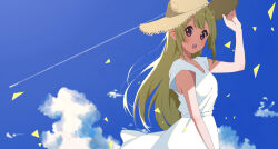 Rule 34 | 1girl, 22/7, :d, adjusting clothes, adjusting headwear, blonde hair, blue sky, cloud, cloudy sky, collarbone, contrail, dress, from side, fujima sakura, hat, highres, long hair, looking at viewer, looking to the side, one side up, open mouth, purple eyes, short sleeves, sky, smile, solo, straw hat, summer, sun hat, tanpaku (oqu 2), teeth, upper teeth only, white dress