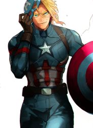 Rule 34 | all might, belt, blonde hair, blue bodysuit, bodysuit, boku no hero academia, brown belt, brown gloves, captain america, captain america (cosplay), cosplay, gloves, green eyes, highres, holding, holding mask, holding shield, male focus, mask, removing mask, shield, simple background, solo, star (symbol), sweatdrop, tian (den z z)