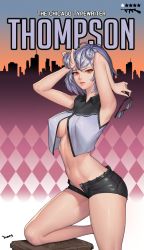 Rule 34 | 1girl, absurdres, arched back, argyle, argyle background, argyle clothes, armpits, arms up, artist name, black shorts, box, breasts, c.honey, character name, cityscape, collared vest, commentary request, covered erect nipples, cowboy shot, girls&#039; frontline, gradient background, highres, holding, holding removed eyewear, large breasts, leg up, lips, looking at viewer, navel, no bra, on box, open fly, parted lips, red eyes, revision, short hair, short shorts, shorts, signature, silver hair, smile, solo, standing, stomach, sunglasses, thighs, thompson (girls&#039; frontline), tsurime, underboob, unworn eyewear, vest, white background, wing collar