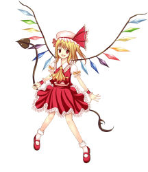 Rule 34 | 1girl, ascot, blonde hair, blush, crystal, fang, female focus, flandre scarlet, frills, hat, hat ribbon, laevatein, open mouth, puffy sleeves, red eyes, ribbon, short hair, short sleeves, solo, tomo (uguisu-tei), touhou, weapon, white background, wings, wrist cuffs