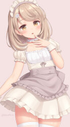 Rule 34 | 1girl, apron, blush, breasts, brown eyes, cowboy shot, dress, finger to mouth, flower, frilled apron, frilled dress, frilled sleeves, frills, grey apron, hair flower, hair ornament, hana (sasaame), highres, looking at viewer, maid, maid apron, maid headdress, original, puffy short sleeves, puffy sleeves, sasaame, short sleeves, small breasts, solo, thighhighs, underbust, white dress, white thighhighs, wrist cuffs, zettai ryouiki