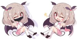 Rule 34 | 1girl, blush stickers, cat, chibi, commentary request, demon girl, demon tail, demon wings, grey hair, hair between eyes, heart, looking at viewer, mask, midriff peek, multiple views, navel, one eye closed, open mouth, original, perorisu, red eyes, shadow, simple background, sitting, skirt, star (symbol), tail, twintails, white background, wings