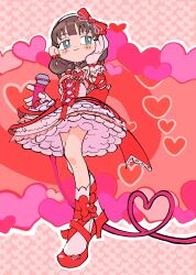 Rule 34 | 1girl, blue eyes, blunt bangs, blush, brown hair, bubble skirt, closed mouth, commentary request, dress, frilled dress, frills, full body, gloves, hair ribbon, hand up, heart, high heels, highres, idolmaster, idolmaster cinderella girls, looking to the side, microphone, petticoat, pink background, red dress, red footwear, red ribbon, ribbon, sakuma mayu, short hair, skirt, smile, socks, solo, sono (samusu gi), standing, white gloves, white socks