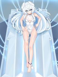 Rule 34 | 1girl, absurdres, bare shoulders, barefoot, blue eyes, breasts, counter:side, expressionless, groin, headgear, highres, leotard, long hair, looking at viewer, nabiyan, sitting, small breasts, solo, white hair