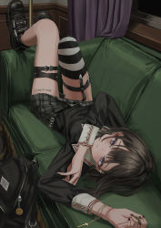 Rule 34 | 1girl, absurdres, backpack, bag, belt, black footwear, black shirt, blouse, blush, brown hair, closed mouth, couch, ear piercing, earrings, garter straps, gishiki (gshk), grey skirt, highres, indoors, jewelry, long sleeves, looking at viewer, lying, miniskirt, on back, on couch, original, piercing, purple eyes, shirt, shoes, skirt, smile, solo, striped clothes, striped thighhighs, thigh belt, thigh strap, thighhighs, thighs