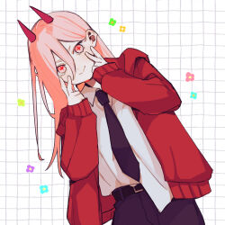 Rule 34 | 1girl, black necktie, chainsaw man, commentary request, cross-shaped pupils, grid background, gurukousu, hair behind ear, hair between eyes, highres, hood, hoodie, horns, long hair, necktie, pink eyes, pink hair, power (chainsaw man), red hoodie, red horns, shirt partially tucked in, smile, solo, symbol-shaped pupils, upper body