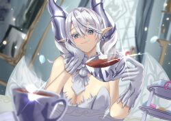 Rule 34 | 1girl, absurdres, artist request, breasts, cleavage, cup, demon horns, detached collar, dress, earrings, gloves, grey eyes, grey hair, highres, horns, jewelry, large breasts, looking at viewer, lovely labrynth of the silver castle, medium hair, pointy ears, smile, tagme, teacup, transparent wings, white gloves, yu-gi-oh!