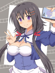 Rule 34 | 1girl, apron, arm up, black hair, blush, breasts, cahe tantei-bu, cleavage, closed mouth, commentary request, hair ornament, hair over shoulder, hairclip, holding, holding phone, long hair, looking at viewer, medium breasts, phone, purple eyes, selfie, smile, solo, tokigawa emina, twintails, v, yokoi rego