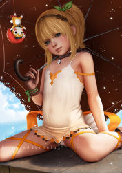 Rule 34 | 1girl, aged down, black choker, blonde hair, blue eyes, blush, choker, commentary, dress, edna (tales), english commentary, female focus, gloves, green ribbon, hair ribbon, looking at viewer, namco, nefrubi, normin (tales), outdoors, panties, realistic, ribbon, short hair, side ponytail, single glove, sitting, tales of (series), tales of zestiria, umbrella, underwear, wariza, white dress, white panties