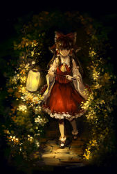 Rule 34 | 1girl, ankle socks, ascot, bad id, bad pixiv id, bow, brown hair, detached sleeves, forest, from above, hair bow, hair tubes, hakurei reimu, lantern, light, long hair, looking at viewer, mary janes, nature, night, nosaki, path, red eyes, road, shoes, sidelocks, skirt, skirt set, socks, solo, touhou