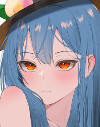 Rule 34 | 1girl, 3:, black hat, blue hair, blush, close-up, closed mouth, commentary, double-parted bangs, eyelashes, frown, hair between eyes, hair over shoulder, hat, heart, hinanawi tenshi, lips, long hair, looking at viewer, peach hat ornament, red eyes, ropu 1, simple background, solo, spoken heart, touhou, tsurime, upturned eyes, white background