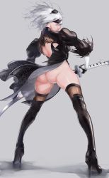 Rule 34 | 1girl, android, ass, black dress, blindfold, boots, breasts, dress, feather-trimmed sleeves, hairband, high heel boots, high heels, highres, large breasts, nier (series), nier:automata, puffy sleeves, short hair, silver hair, solo, sword, thigh boots, thighhighs, weapon, 2b (nier:automata)