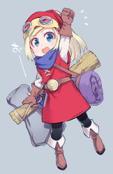 Rule 34 | 1girl, aki poi, belt, black gloves, black pantyhose, blonde hair, blue eyes, blush, boots, brown footwear, brown gloves, dragon quest, dragon quest builders, dress, facing viewer, female builder (dqb), full body, gloves, goggles, goggles on head, grey background, head scarf, heroine (dqb), looking at viewer, open mouth, pantyhose, red dress, red tunic, simple background, sleeping bag, smile, solo, standing, tunic, weapon