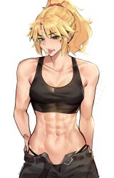 Rule 34 | 1girl, abs, absurdres, belt, black panties, collarbone, deccatezu, fate (series), green eyes, highleg, highleg panties, highres, looking at viewer, mordred (fate), muscular, muscular female, navel, open belt, panties, ponytail, scrunchie, signature, skindentation, solo, tank top, tongue, tongue out, underwear, unzipped, white background