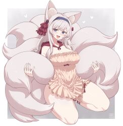 Rule 34 | 1girl, animal ears, blue eyes, border, breasts, cleavage, commission, covered navel, fangs, fox ears, fox girl, fox tail, fumato, grey background, grey hair, heart, highres, large breasts, long hair, looking at viewer, multiple tails, open mouth, original, simple background, solo, tail, thigh strap, tongue, watermark, white border