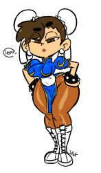 Rule 34 | 1girl, boots, brown eyes, brown hair, capcom, chinese clothes, chun-li, earrings, eyebrows hidden by hair, eyeliner, hands on own hips, highres, jellot, jewelry, lipstick, makeup, pantyhose, street fighter, thick thighs, thighs, wide hips