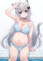 Rule 34 | 1girl, absurdres, animal ears, big belly, black bow, black choker, blue bra, blue eyes, blue panties, bow, bra, breasts, cat ears, cat tail, choker, closed mouth, gluteal fold, grey hair, hair bow, highres, hinata (user rjkt4745), large breasts, long hair, looking at viewer, navel, original, panties, pool, pregnant, sitting, smile, solo, tail, underwear, underwear only, water