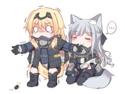 Rule 34 | ..., 2girls, ak-12 (girls&#039; frontline), an-94 (girls&#039; frontline), animal ear fluff, animal ears, between legs, blush, boots, bug, cat ears, cat tail, cockroach, commentary, dog ears, dog tail, closed eyes, girls&#039; frontline, gloves, highres, holding, insect, long hair, long sleeves, multiple girls, seiza, silver hair, simple background, sitting, spoken ellipsis, tail, tail between legs, white background, yuutama2804