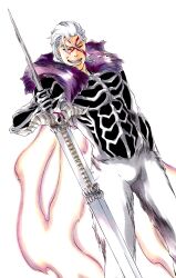 Rule 34 | absurdres, arm at side, armor, bleach, colored sclera, energy wings, evil smile, facial mark, fur collar, ginjou kuugo, hair between eyes, highres, holding, holding sword, holding weapon, ken&#039;ichi (ken1ro u), looking at viewer, open mouth, pink sclera, purple fur, skull, smile, sword, teeth, weapon, white background, white eyes, white fur, white hair, zweihander