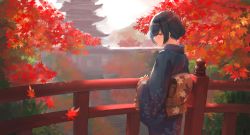 Rule 34 | 1girl, absurdres, architecture, autumn leaves, blue kimono, blush, bridge, closed mouth, colored inner hair, east asian architecture, falling leaves, flower, hair flower, hair ornament, highres, idolmaster, idolmaster shiny colors, japanese clothes, kimono, leaf, leaf print, long sleeves, looking at viewer, looking back, madogiwa (ran5), morino rinze, multicolored hair, obi, outdoors, red eyes, red flower, sash, scenery, short hair, smile, solo, wide sleeves