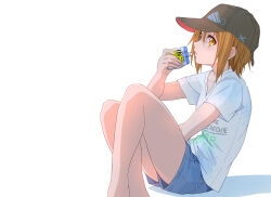 Rule 34 | 1girl, baseball cap, black hat, blue shorts, brown eyes, brown hair, collarbone, commentary request, dresstrip, drink, from side, hair between eyes, hat, holding, holding drink, k-on!, knees up, looking at viewer, shirt, short sleeves, shorts, simple background, sitting, solo, t-shirt, tainaka ritsu, white background, white shirt