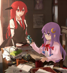 Rule 34 | 2girls, :d, :o, bespectacled, book, book stack, bookshelf, capelet, chair, coat, crescent, crescent hair ornament, cube, demon girl, demon wings, desk, dress, glasses, hair ornament, head wings, hinami047, juliet sleeves, koakuma, lamp, long hair, long sleeves, low wings, minecraft, multiple girls, necktie, no headwear, open clothes, open coat, open mouth, painting (object), paper, patchouli knowledge, pen, puffy sleeves, purple eyes, purple hair, red eyes, red hair, rock, shirt, sitting, skirt, skirt set, smile, striped clothes, striped dress, touhou, very long hair, vest, wings