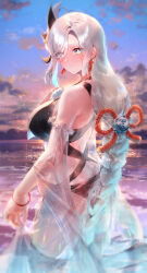 Rule 34 | 1girl, absurdres, alternate costume, bikini, black bikini, blue eyes, blush, breasts, closed mouth, cloud, cloudy sky, commentary, detached sleeves, earrings, eshineko, from behind, genshin impact, gradient eyes, grey hair, hair ornament, hair over one eye, highres, jewelry, large breasts, long hair, looking at viewer, looking back, low-tied long hair, multicolored eyes, ocean, parted bangs, purple sky, rope, see-through, shenhe (genshin impact), shimenawa, sky, solo, summer, sunset, swimsuit, symbol-only commentary, wading, yellow eyes