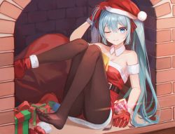 Rule 34 | 1girl, bare shoulders, belt, black pantyhose, blue eyes, blue hair, blush, breasts, christmas, closed mouth, collarbone, gloves, hat, hatsune miku, hb (qwqw1697), looking at viewer, medium breasts, one eye closed, pantyhose, red gloves, red hat, santa costume, santa hat, solo, twintails, vocaloid, winter