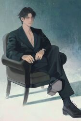 Rule 34 | 1boy, armrest, black coat, black footwear, black hair, black pants, blue background, closed mouth, coat, collared coat, copyright request, full body, highres, male focus, on chair, pants, qxq illus, shadow, sitting, solo, twitter username, watch, wristwatch