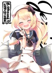 Rule 34 | 1girl, ^ ^, blonde hair, blue sailor collar, blush, bow, closed eyes, commentary, cowboy shot, dress, gloves, hat, hat bow, jervis (kancolle), kantai collection, long hair, looking at viewer, machinery, n:go, one-hour drawing challenge, open mouth, ribbon, sailor collar, sailor dress, signature, smile, solo, standing, twitter username, v, white background, white dress, white gloves, white hat