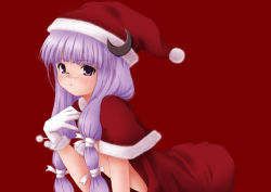 Rule 34 | 1girl, alternate costume, bespectacled, christmas, crescent, female focus, glasses, gloves, hat, long hair, makkuroh (pixiv), md5 mismatch, patchouli knowledge, purple eyes, purple hair, red background, santa costume, santa hat, simple background, solo, touhou, white gloves