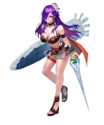 Rule 34 | 1girl, armband, bare shoulders, belt, bikini, breasts, cleavage, closed mouth, fingerless gloves, fire emblem, fire emblem: three houses, fire emblem heroes, fire emblem warriors: three hopes, full body, gloves, hair ornament, hair over one eye, highres, holding, jewelry, long hair, looking at viewer, medium breasts, navel, necklace, nintendo, non-web source, official art, purple eyes, purple hair, see-through, shez (female) (fire emblem), shez (female) (summer) (fire emblem), shez (fire emblem), smile, solo, stomach, swimsuit, thigh strap, toeless footwear, transparent background, yamanokami eaka