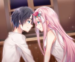 Rule 34 | 10s, 1boy, 1girl, bare shoulders, black hair, blue eyes, blue horns, breasts, closed mouth, commentary, couple, darling in the franxx, eyeshadow, flower, forehead-to-forehead, from side, green eyes, hair flower, hair ornament, heads together, hetero, highres, hiro (darling in the franxx), horns, koynoppanuch, large breasts, long hair, looking at viewer, makeup, nightgown, oni horns, pink hair, red horns, shirt, short hair, sleeveless, sleeveless shirt, spoilers, white nightgown, white shirt, zero two (darling in the franxx)