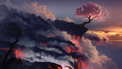 Rule 34 | arcipello, bare tree, cherry blossoms, cliff, cloud, daniel conway, highres, md5 mismatch, lava, no humans, ocean, original, resized, resolution mismatch, scenery, smoke, source smaller, steam, sunset, tree, upscaled, wallpaper