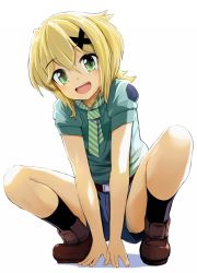 Rule 34 | 10s, 1girl, akatsuki kirika, blonde hair, blush, commentary request, full body, green eyes, hair ornament, highres, looking at viewer, momo (higanbana and girl), necktie, open mouth, panties, panty peek, senki zesshou symphogear, shoes, short hair, short sleeves, shorts, simple background, smile, socks, solo, squatting, striped clothes, striped panties, teeth, thighhighs, underwear, uniform, upshorts, white background, x hair ornament