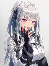 Rule 34 | 1girl, ak-12 (girls&#039; frontline), artificial eye, braid, commentary, french braid, girls&#039; frontline, gloves, gradient background, grey background, hair ribbon, high ponytail, long hair, mechanical eye, open mouth, partially fingerless gloves, pouch, purple eyes, ribbon, sidelocks, silence girl, silver hair, solo, symbol-shaped pupils, tactical clothes, tongue, tongue out