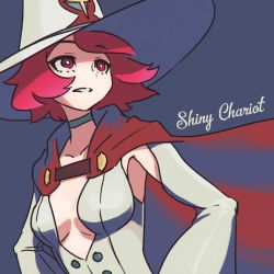 Rule 34 | 1girl, absurdres, blue background, blue neckwear, breasts, buttons, cape, character name, choker, cleavage cutout, clothing cutout, english text, hat, highres, little witch academia, long sleeves, looking afar, medium breasts, parted lips, pink eyes, pink hair, reiesu (reis), robe, shiny chariot, short hair, simple background, smile, solo, white robe, witch, witch hat