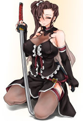 Rule 34 | 00s, 1girl, android, bare shoulders, breasts, brown hair, coyote ragtime show, elbow gloves, gloves, huge breasts, july (coyote ragtime show), katana, long hair, red eyes, scharfschutze, sheath, side ponytail, simple background, smile, solo, sword, thighhighs, weapon
