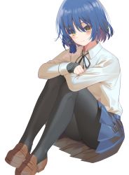 Rule 34 | 1girl, absurdres, black pantyhose, black ribbon, blue hair, blue skirt, blush, bocchi the rock!, brown footwear, closed mouth, dated commentary, eyes visible through hair, highres, hop3, loafers, long sleeves, looking at viewer, mole, mole under eye, pantyhose, ribbon, shirt, shoes, short hair, simple background, skirt, solo, white background, white shirt, yamada ryo, yellow eyes