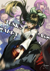 Rule 34 | 2girls, artist logo, black headwear, black jacket, black legwear, bow, breasts, brown eyes, brown hair, brown vest, chabashira tenko, cleavage, commentary request, danganronpa (series), danganronpa v3: killing harmony, green bow, green eyes, hair bow, happy birthday, hat, highres, jacket, japanese clothes, long hair, long sleeves, medium breasts, mole, mole under mouth, multiple girls, multiple views, nyuukazai, open mouth, pantyhose, pink hair, pleated skirt, ponytail, purple hair, red skirt, short hair, signature, skirt, smile, very long hair, vest, witch hat, yumeno himiko