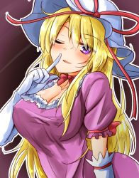 Rule 34 | 1girl, blonde hair, blush, breasts, cleavage, covered erect nipples, dress, elbow gloves, finger to mouth, gloves, hair between eyes, hat, hat ribbon, highres, large breasts, long hair, looking at viewer, mob cap, one eye closed, open mouth, oshiaki, purple dress, purple eyes, red ribbon, ribbon, short sleeves, sidelocks, smile, solo, touhou, upper body, white gloves, yakumo yukari