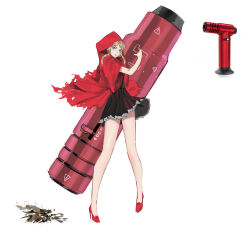 Rule 34 | 1girl, absurdres, adapted weapon, black dress, blonde hair, blowtorch, blue eyes, braid, cape, dress, full body, high heels, highres, hood, hood up, hooded cape, hoodie, huge weapon, little red riding hood, little red riding hood (grimm), long legs, medium hair, nauj k, personification, red cape, red footwear, red hoodie, reference inset, short dress, solo, stiletto heels, twin braids, weapon, weapon on back