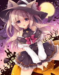 Rule 34 | 1girl, ahoge, animal ear fluff, animal ears, bat (animal), bat wings, black dress, blonde hair, blush, bow, breasts, cat ears, cloud, cloudy sky, collarbone, demon tail, dress, feet out of frame, frilled dress, frills, hair ornament, hairclip, halloween, halterneck, halterneck, hat, highres, jack-o&#039;-lantern, juliet sleeves, large breasts, long hair, long sleeves, looking at viewer, moon, nanaroba hana, night, night sky, off shoulder, open mouth, original, puffy sleeves, purple eyes, red bow, sky, solo, tail, wings, witch hat